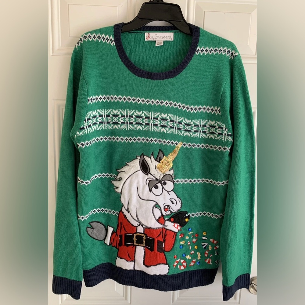 Jolly Sweaters Ugly Christmas Sweater Green Knit Holiday Unicorn Candy Adult M